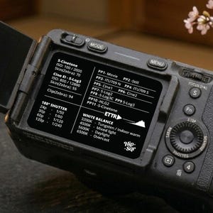 May include: Black digital camera with a flip-out screen displaying settings. The screen shows options for S-Cinetone, Cine EI-S-Log3, and white balance. The camera is on a dark surface with a bonsai tree in the background.