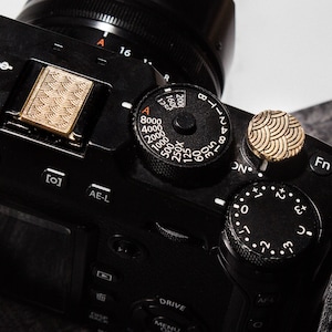 HipSqr // The Seigaiha  // Pure Brass // Combo Hot shoe cover and Shutter button. Perfect gift for photographers