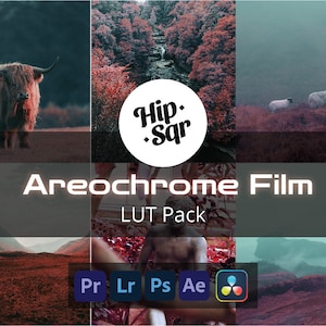 May include: A collage of landscape images with a reddish-brown hue. The text "Areochrome Film LUT Pack" is displayed. Software icons for Adobe Premiere Pro, Lightroom, Photoshop, After Effects, and DaVinci Resolve are also visible.