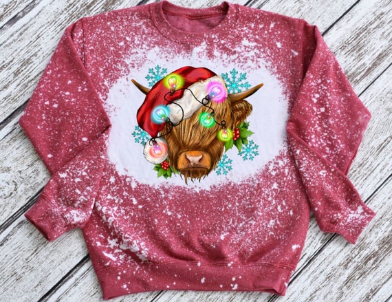 Highland Christmas Cow Bleached sweatshirt, Christmas Shirt for Women, bleached Christmas Shirt