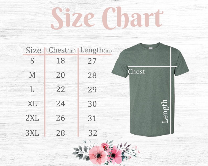 May include: Size chart for a t-shirt with measurements in inches for chest and length. Sizes include S, M, L, XL, 2XL, and 3XL.