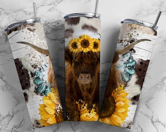Highland Cow Tumbler, Cow Print Western Tumbler, Sunflower Tumbler, Christmas Gift for her, Christmas Gift, Country Tumbler