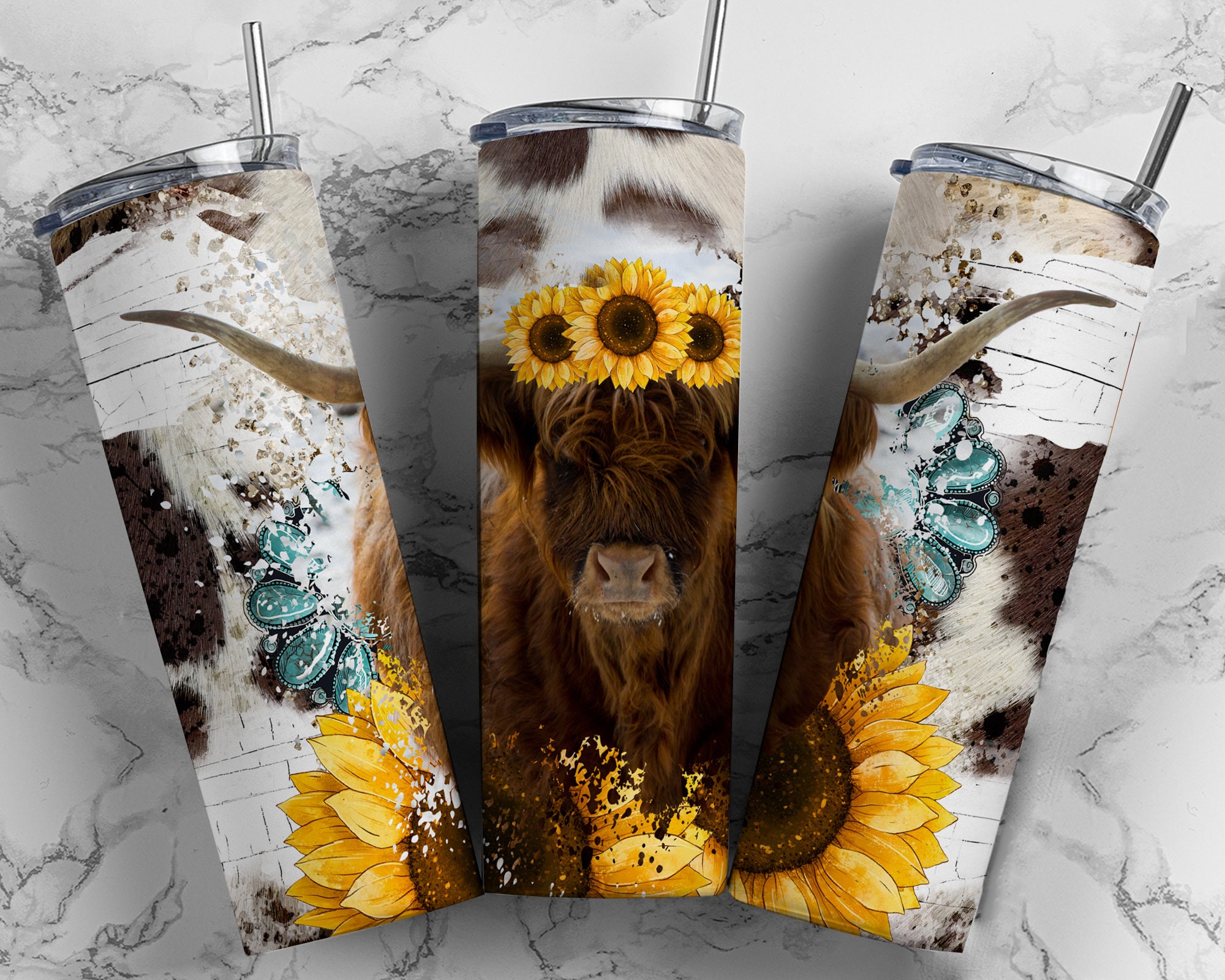 Cow Print and Sunflowers Personalized 20oz Insulated Tumbler with