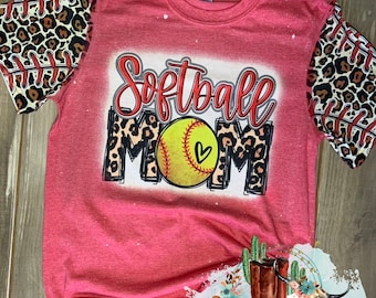 Softball Mom Bleached Shirt, Softball Mama t-shirt, Softball Mom Tee, Bleached shirt, Softball Shirt with Printed Sleeves