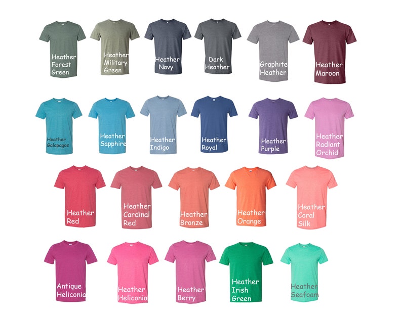 May include: A collection of 20 t-shirts in various heather colours, including forest green, military green, navy, dark heather, graphite heather, maroon, Galapagos, sapphire, indigo, royal, purple, radiant orchid, red, cardinal red, bronze, orange, coral silk, antique heliconia, heliconia, berry, Irish green, and seafoam.
