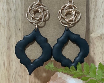 Handmade Clay Earrings/ Statement Earrings/ Gold Swirl/ Black Clay/ Hypoallergenic Earrings