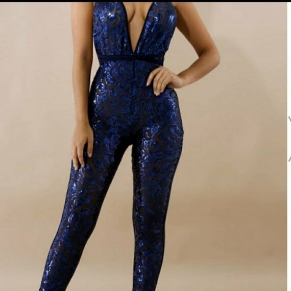 blue sequin jumpsuit