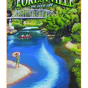 May include: A vintage-style illustration of a bridge over a river in a forest setting. The text "FORESTVILLE THE GOOD LIFE" is at the top of the image. A woman in a red hat and white dress walks on a sandy bank. The text "Hacienda Bridge" is at the bottom of the image.
