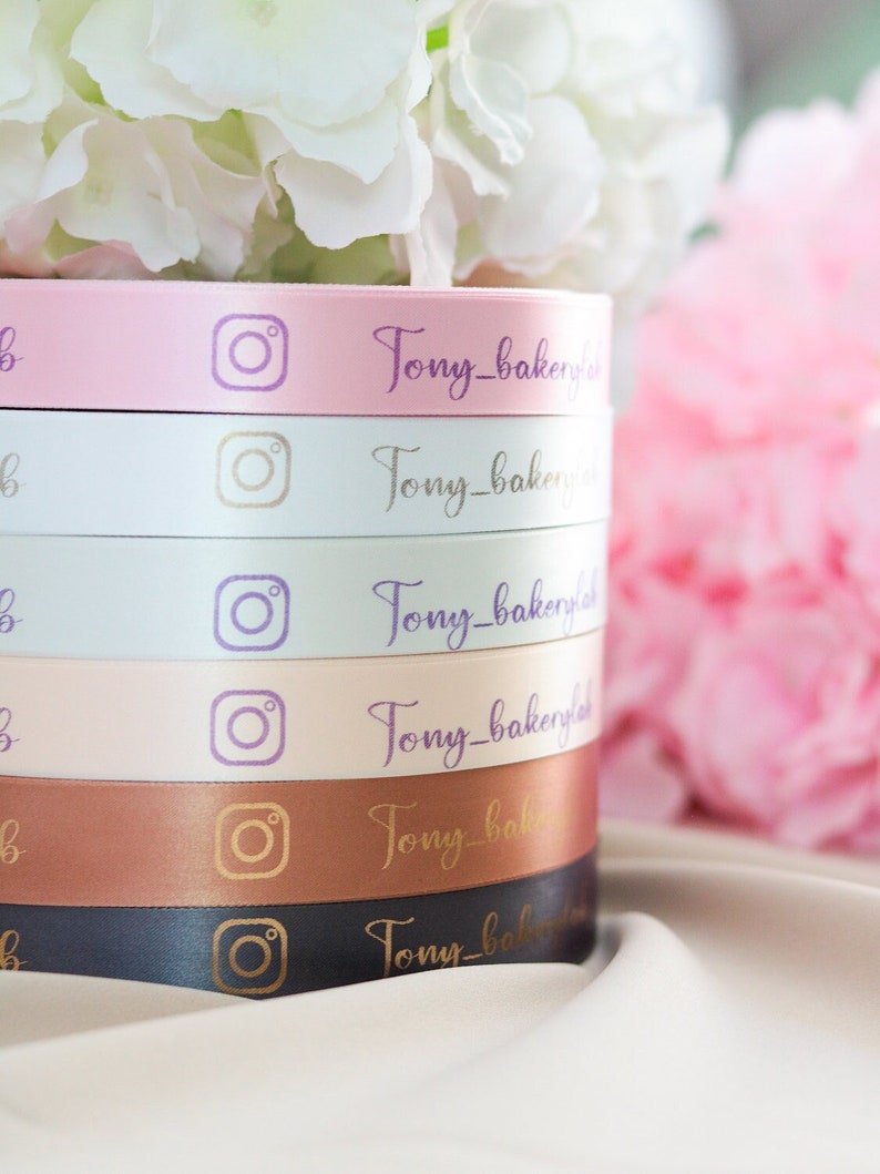 2cm Bedrucktes Geschenk-Band mit Firma, Logo, Instagram, Text, Symbol oder Namen in verschiedenen Farben personalisiert 100% Satin 20mm Bild 1