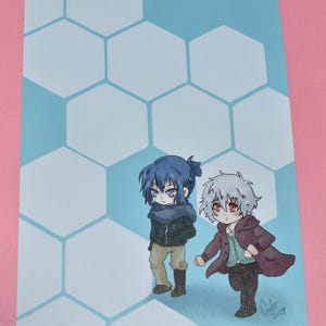 May include: A notepad featuring an illustration of two anime-style characters. The background is light blue with a white honeycomb pattern. The characters are dressed in winter clothing. The notepad is on a pink surface.
