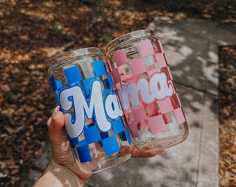 Checkered MAMA Can Glass: Retro Iced Coffee Cup