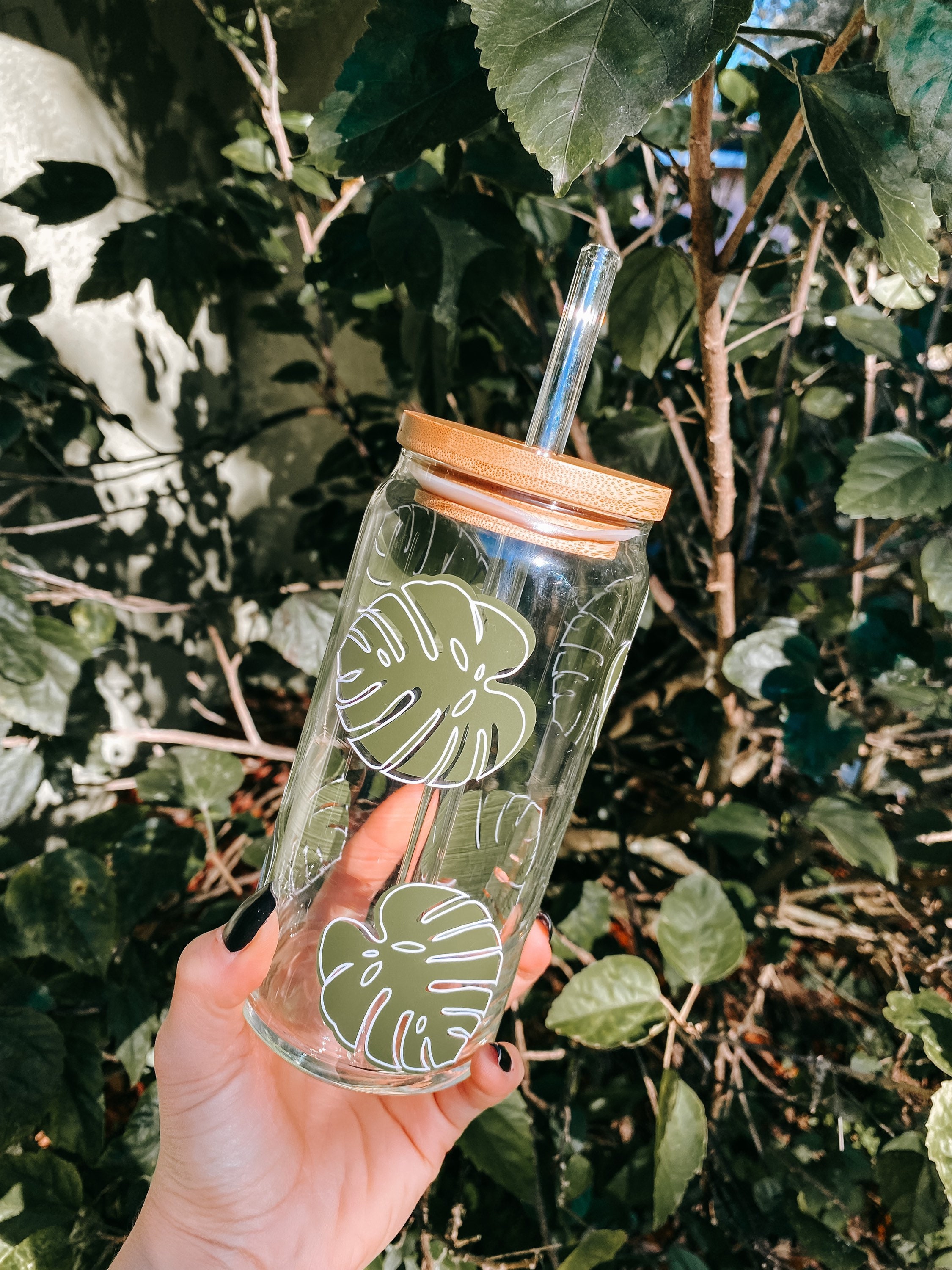 Monstera Leaf Glass Beer Can Cup, Ice Coffee cup for on the go