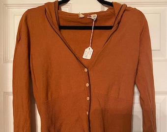 VC8 Moth Brand Orange Women's Wool Sweater Hooded Cardigan with Brown Trim, Button Closure and Hood, Size Medium