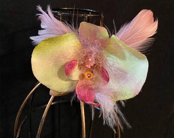 H10 Orchid Pink and Yellow Hair Flower Barrette Tiki Hair Clip with Swarovski Crystals and Pink Feathers