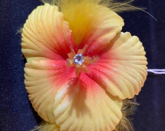 H7 Yellow Hair Flower Plumeria Barrette Hair Clip Tiki with Swarovski Crystal and Yellow Feathers
