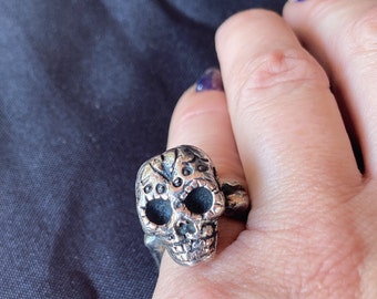 J2 Sugar Skull Ring, Size 5: Hand Cast Shibuichi (a Silver & Copper Alloy) with set Black CZ. Day of the Dead Inspired