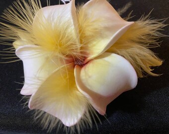 H5 Yellow Hair Flower Plumeria Barrette Hair Clip Tiki with Swarovski Crystal and Yellow Feathers