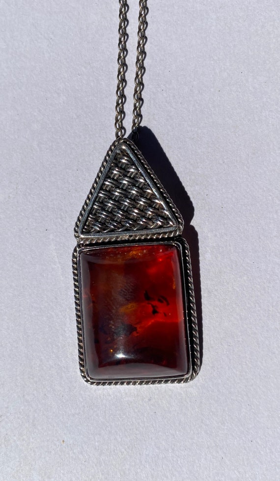 VJ2 Red Amber and Sterling Silver Art Deco Pendant