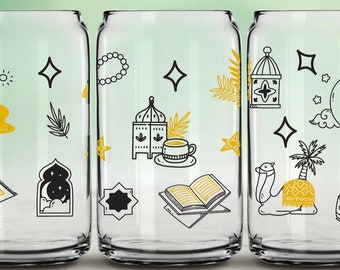 Ramadan / Eid Islamic Vibes Frosted glass cup with bamboo lid and plastic straw