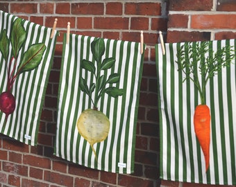 Vegetable Tea Towel Trio| Set Of Three Vegetable Tea Towels| Turnip tea towel, Carrot tea towel, Beetroot tea towel, Giant Vegetables