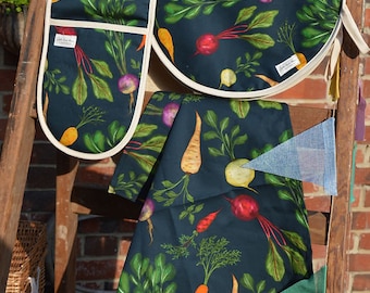 Root Veg Oven Gloves| Vegetable Oven Mitts| Double Oven Gloves| Vegetable Print