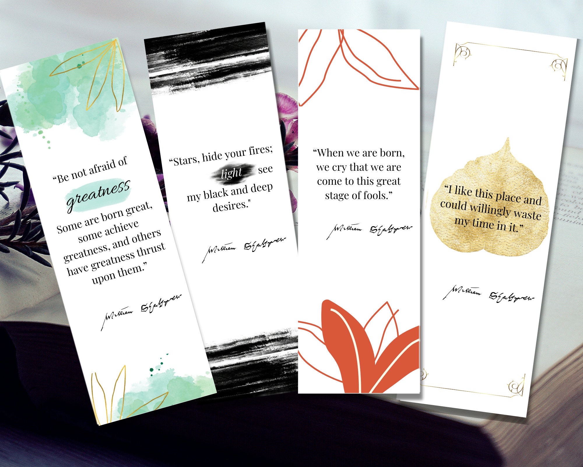 William Shakespeare Quotes Printable Literature Bookmarks ,set of 4 Literary Bookmarks Gift ...