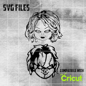 May include: Black and white digital illustration of a girl with long hair and a stitched face. The image is compatible with Cricut.