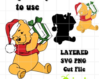 LAYERED Pooh Christmas SVG PNG Cut File | svg Digital Cut File, Christmas Hat svg, Pooh svg silhouette, layered winnie p cut file, cricut