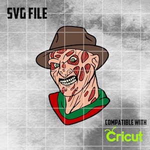 Op de afbeelding: Een rood-groen gestreept shirt met een bruine hoed en een eng, verbrand gezicht. Het gezicht heeft rode en witte markeringen. De tekst "SVG FILE" staat bovenaan de afbeelding. De tekst "COMPATIBEL MET Cricut" staat onderaan de afbeelding.