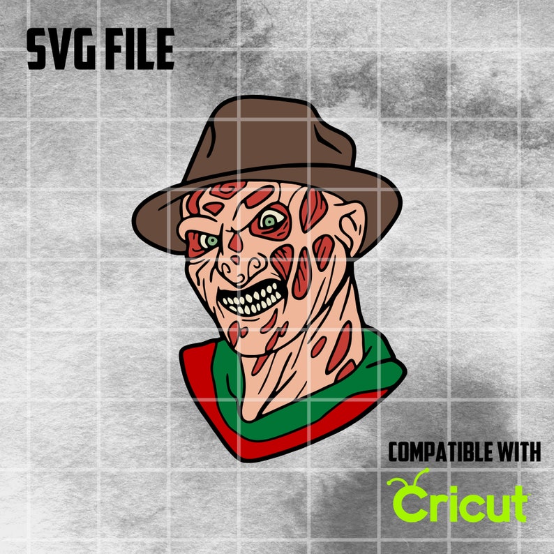 May include: A red and green striped shirt with a brown hat and a scary, burned face. The face has red and white markings.  The text "SVG FILE" is at the top of the image. The text "COMPATIBLE WITH Cricut" is at the bottom of the image.