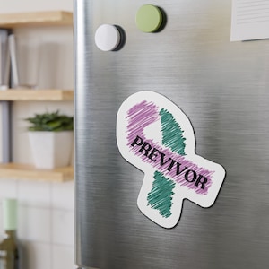 May include: A pink and green ribbon with the word "PREVIVOR" written on it. The ribbon is drawn in a scribbled style.