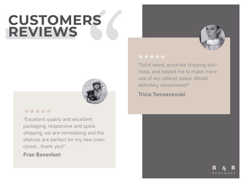 Pode incluir: Duas avalia&ccedil;&otilde;es de clientes com cinco estrelas e fotos dos clientes. A primeira avalia&ccedil;&atilde;o diz: "Qualidade excelente e embalagem excelente, envio r&aacute;pido e responsivo, estamos remodelando e as prateleiras s&atilde;o perfeitas para meu novo arm&aacute;rio de linho, obrigado!" - Fran Bonenfant. A segunda avalia&ccedil;&atilde;o diz: "Madeira maci&ccedil;a, envio preciso e me ajudou a aproveitar melhor o espa&ccedil;o do meu arm&aacute;rio. Recomendo totalmente!" - Tricia Tomaszewski.