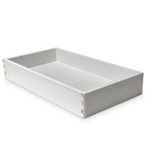 May include: A white wooden drawer box with a smooth, unfinished surface. The drawer box is empty and has a rectangular shape.