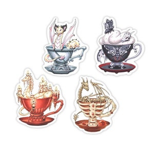 Sticker dragon tasse à thé série 4 | « Dragon gargouille » | « Dragon squelette » | "Dragon mite de la mort" | "Dragon Bougie" | Marqueur copique