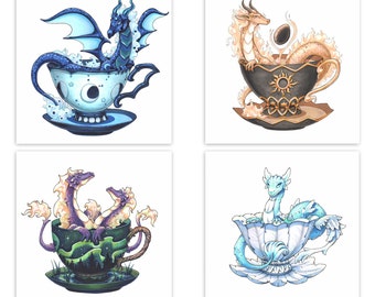 Seria 3: Odbitki smoków w filiżankach | Sztuka smoka 8x8 | Ilustracja fantasy | Marker Copic