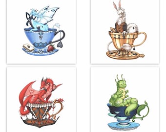 Seria 8: Odbitki smoka w filiżance z Krainy Czarów | Ilustracje 8x8 cali | Marker Copic