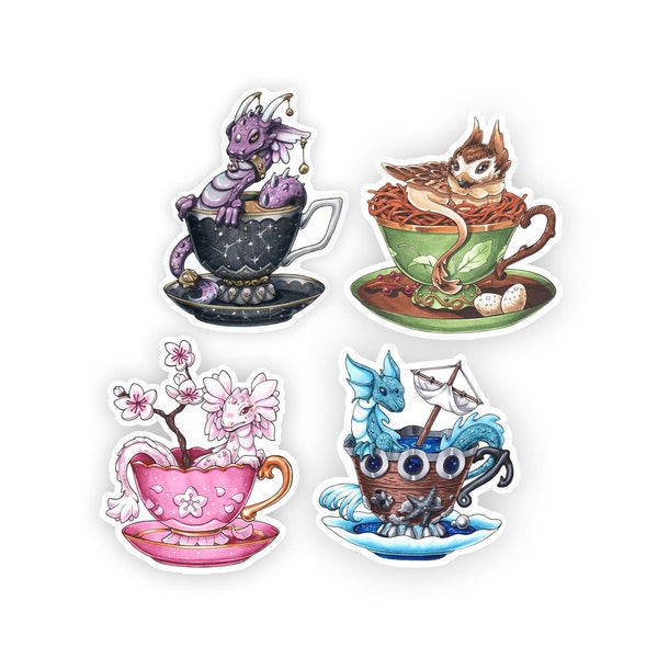 Teacup Dragon Sticker Series 1 | "Treasure Dragon" | "Flower Dragon" | "Sea Dragon"| "Sparrow Dragon" | Copic Marker