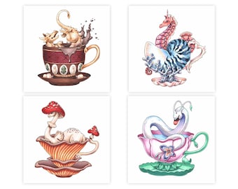 Seria 5: Filiżanka ze smokami | Grafika smoka 8x8 | Ilustracja fantasy | Marker Copic