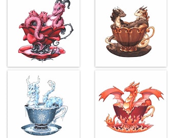 Seria 2: Odbitki smoków w filiżankach | Sztuka smoka 8x8 | Ilustracja fantasy | Marker Copic