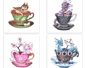 Grafika ze smokiem w filiżance | Grafika smoka 8x8 | Ilustracja fantasy | Marker Copic