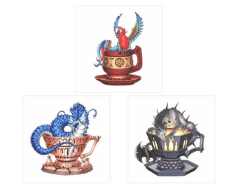 Grafika artystyczna „Smok z filiżanki”: Seria 6. Ilustracja fantasy (8x8)