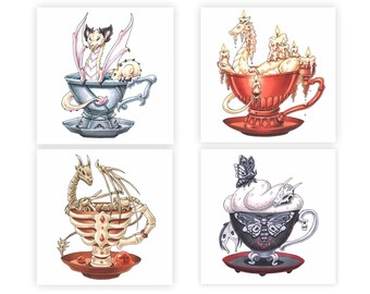 Seria 4: Odbitki smoków w filiżankach | Grafika smoków 8x8 | Ilustracja fantasy | Marker Copic