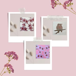 Lot de 3 cartes carrées aquarelle • Fleurs de cerisier & perruches • Illustration florale et animale • Papeterie douce et poétique