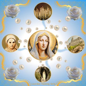 Könnte beinhalten: Ein blaues und goldenes Heilgitter mit einer weißen Rose, Kerzen, einer Höhle, einer Kirche und einem Porträt der Jungfrau Maria. Der Text "Lourdes Healing Grid" befindet sich am unteren Rand des Bildes.