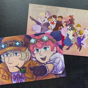 May include: Two illustrations of anime characters. The first illustration shows a group of characters in a vintage style setting. The second illustration shows a close-up of two characters, one with pink hair and a large hat, and the other with brown hair and a pipe. The text "CannyPie@2021" is in the bottom right corner of the second illustration.