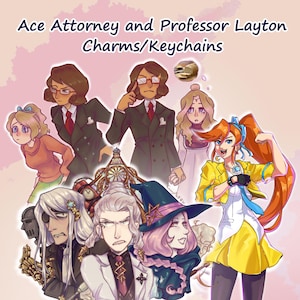 May include: Illustration of characters from Ace Attorney and Professor Layton. The image features several characters in various poses, with the text "Ace Attorney and Professor Layton Charms/Keychains" at the top. The characters are drawn in a colorful, anime-inspired style.