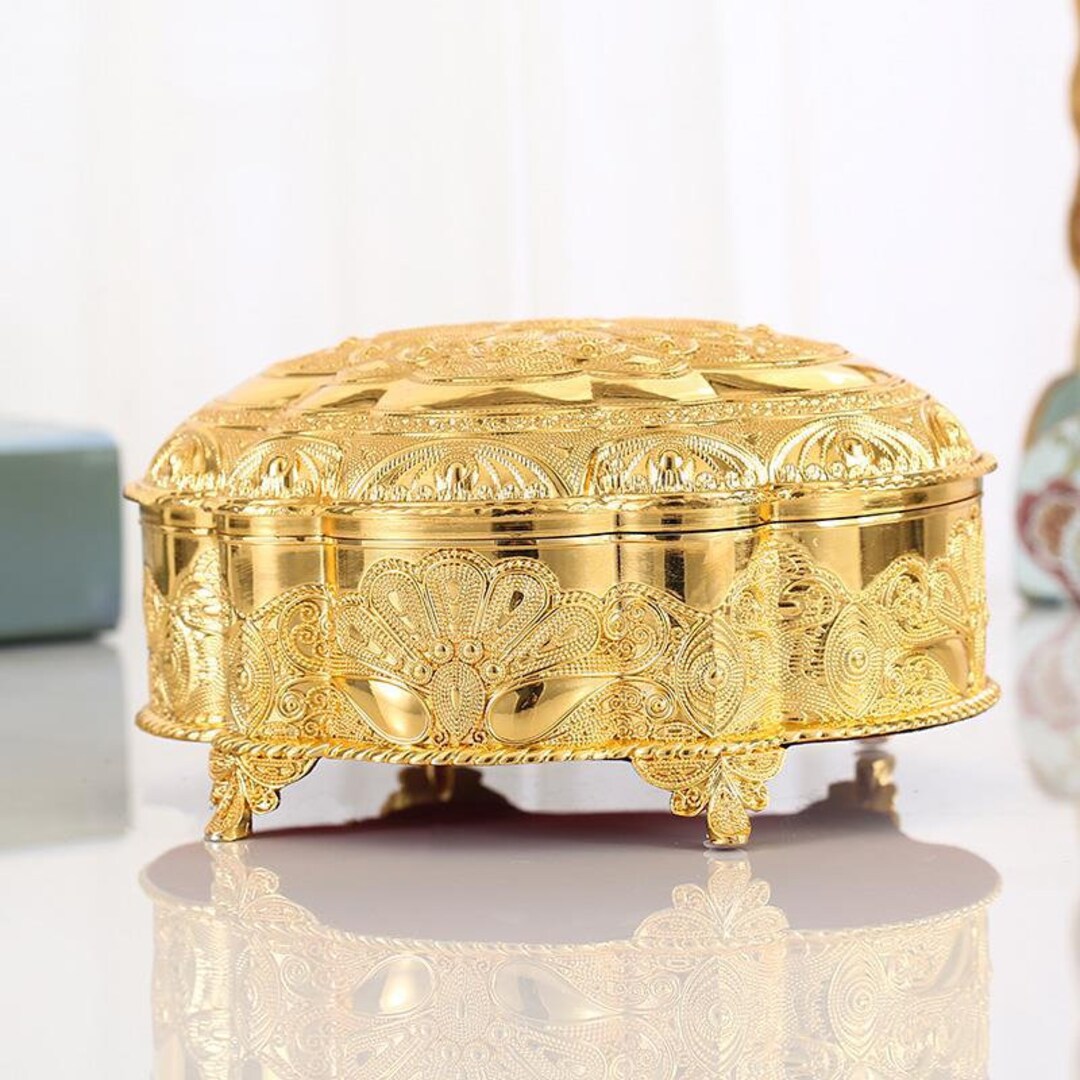 Gold Peacock Round Jewelry Box Etsy