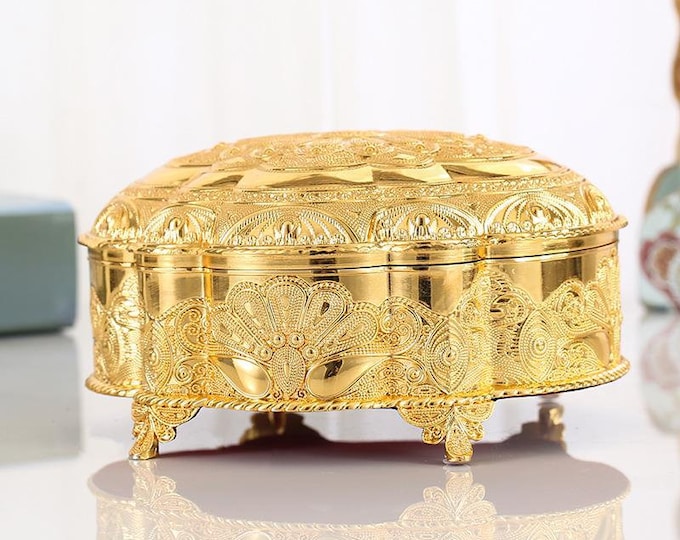 Gold Peacock Round Jewelry Box