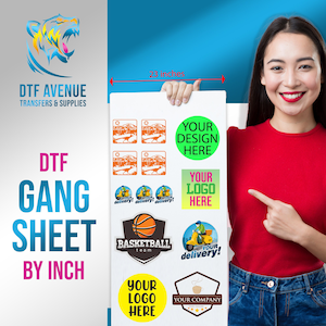 May include: A sheet of 23 inch DTF transfer designs. The sheet includes a basketball logo, a delivery scooter logo, a coffee cup logo, and a design with the text "Your Design Here".