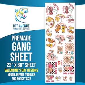 Valentines Premade Gangsheet for Heat Transfer: Easy-to-use and Ready to Press, Retro Vintage Hearts DTF Gang sheet Roll 22x60 inches film